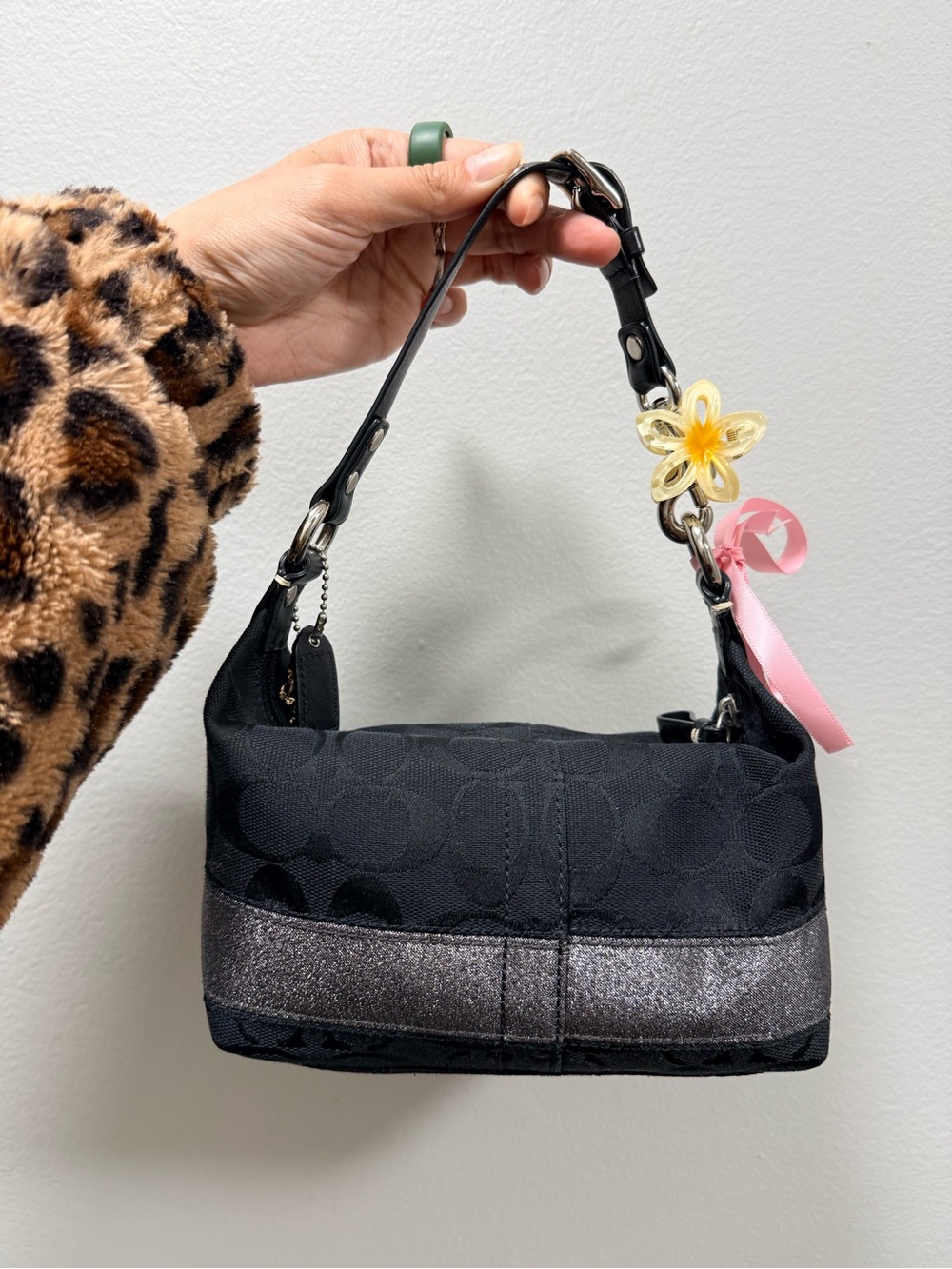 Coach Black Signature Jacquard Shoulder Bag with Metallic Accent